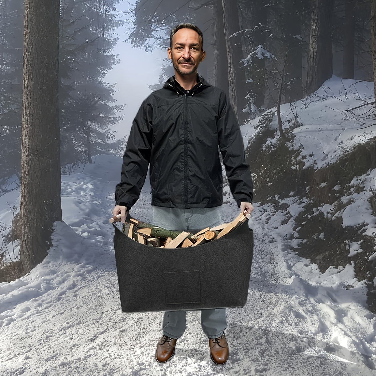 Felt Log Basket 55L with Wooden Handles, Foldable