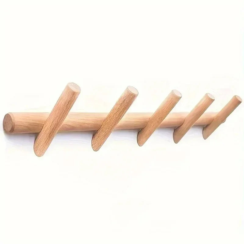 Solid Oak Wall Coat Rack with 5 Hooks, Minimalist