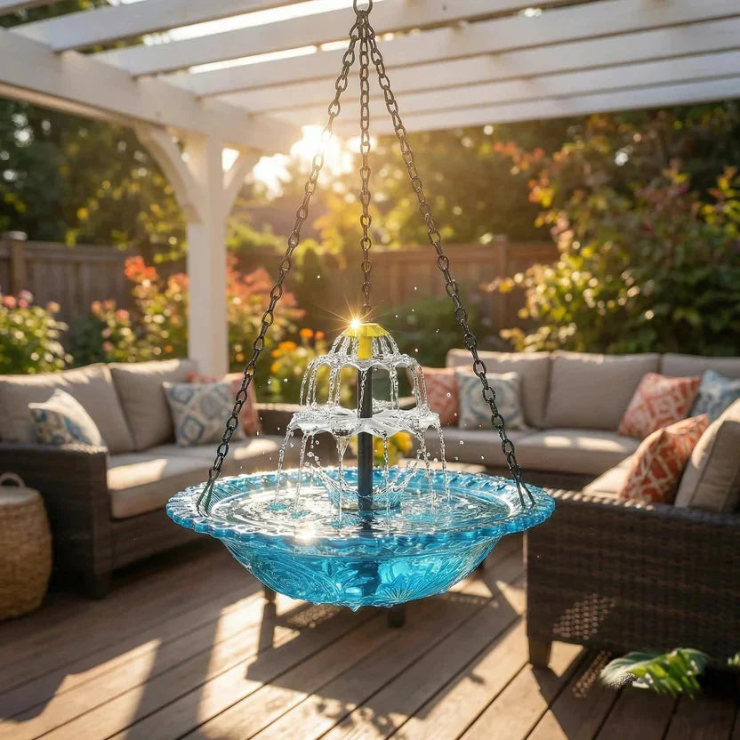 Solar Hanging Bird Bath Fountain, Two-Tier Glass and Metal