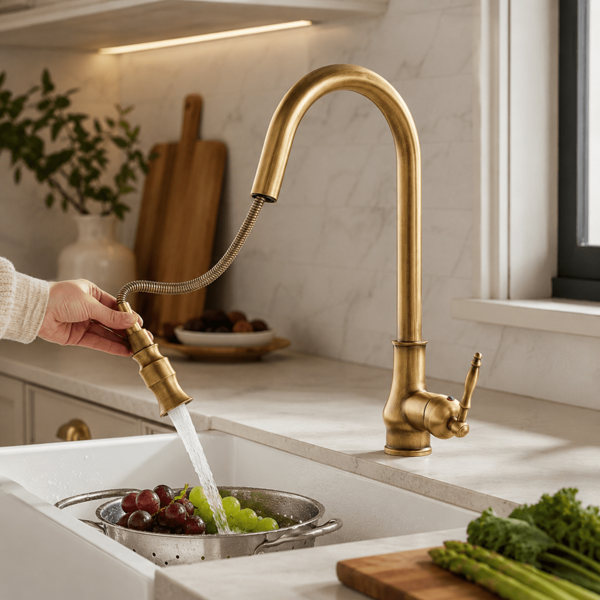 Retro Solid Brass Kitchen Tap with Pull-Out Spray Head