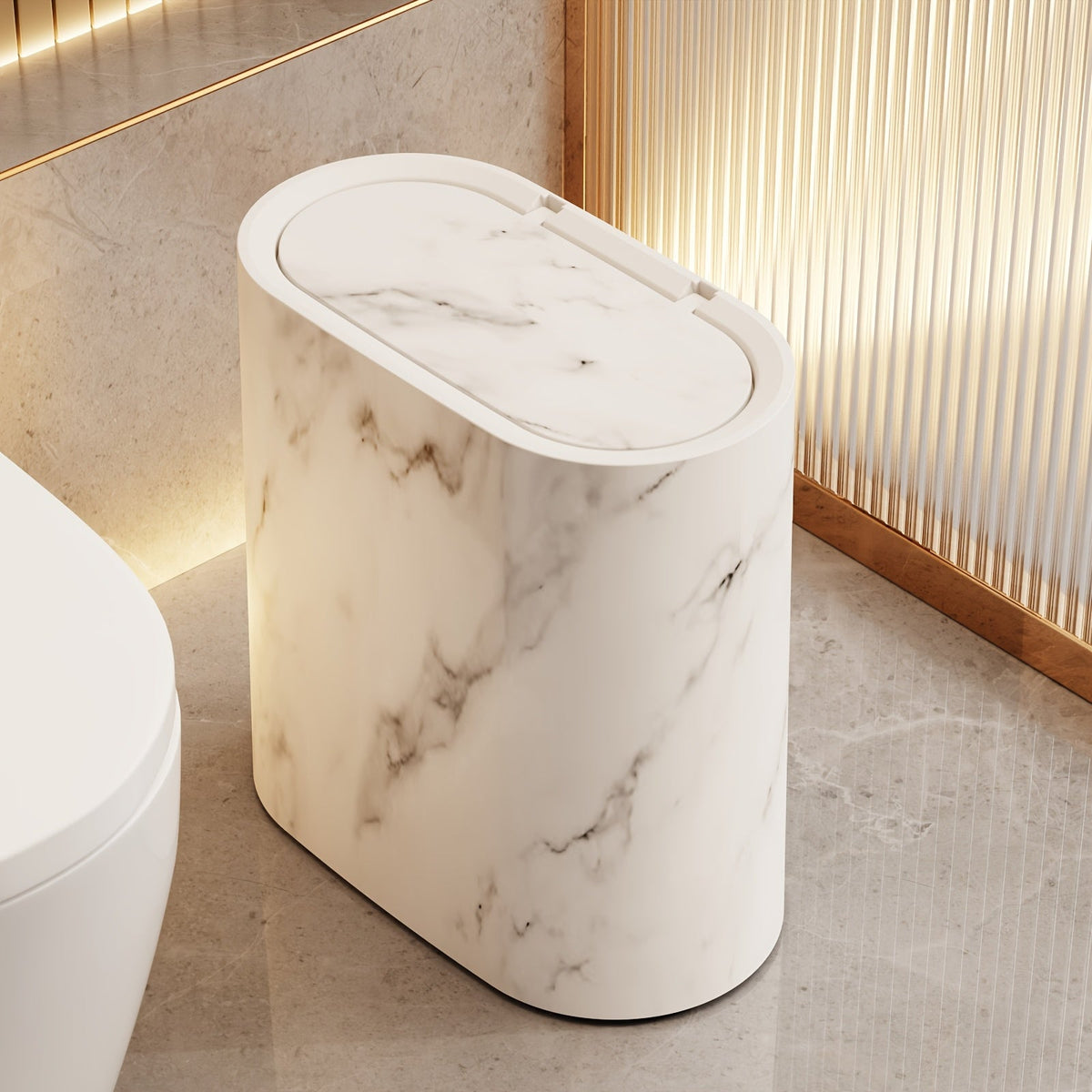 Oval Desk Bin with Lid, 29 x 29 x 14.5 cm, Marble Look