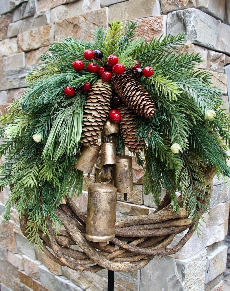 Rustic Christmas Wreath with Pine Cones and Gold Bells, 43cm