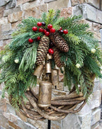 Rustic Christmas Wreath with Pine Cones and Gold Bells, 43cm