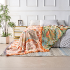 Cotton Throw with Boho Floral Pattern and Fringed Edges