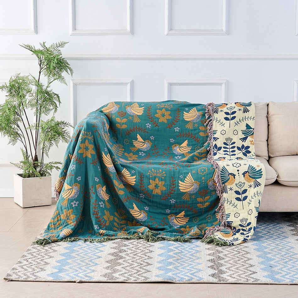 Reversible Cotton Throw with Birds and Botanical Pattern