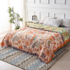Cotton Throw with Boho Floral Pattern and Fringed Edges