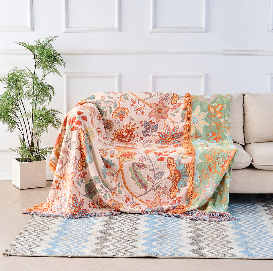 Cotton Throw with Boho Floral Pattern and Fringed Edges
