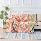 Cotton Throw with Boho Floral Pattern and Fringed Edges