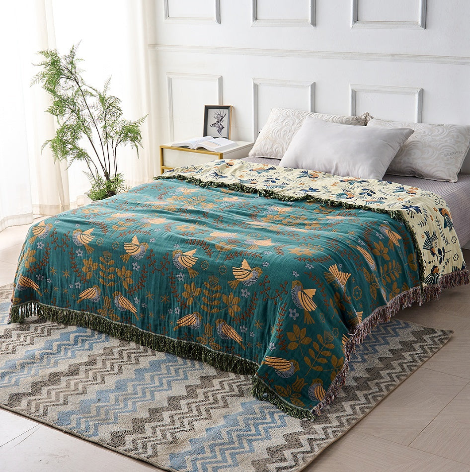 Reversible Cotton Throw with Birds and Botanical Pattern