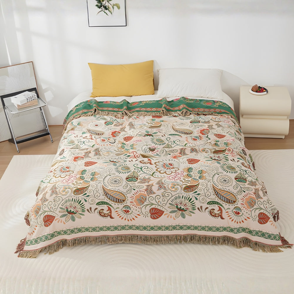Reversible Cotton Gauze Throw with Tassels, Autumn Leaf Print