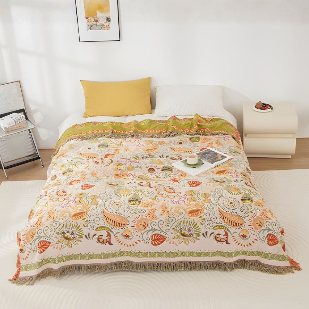 Reversible Cotton Gauze Throw with Tassels, Autumn Leaf Print