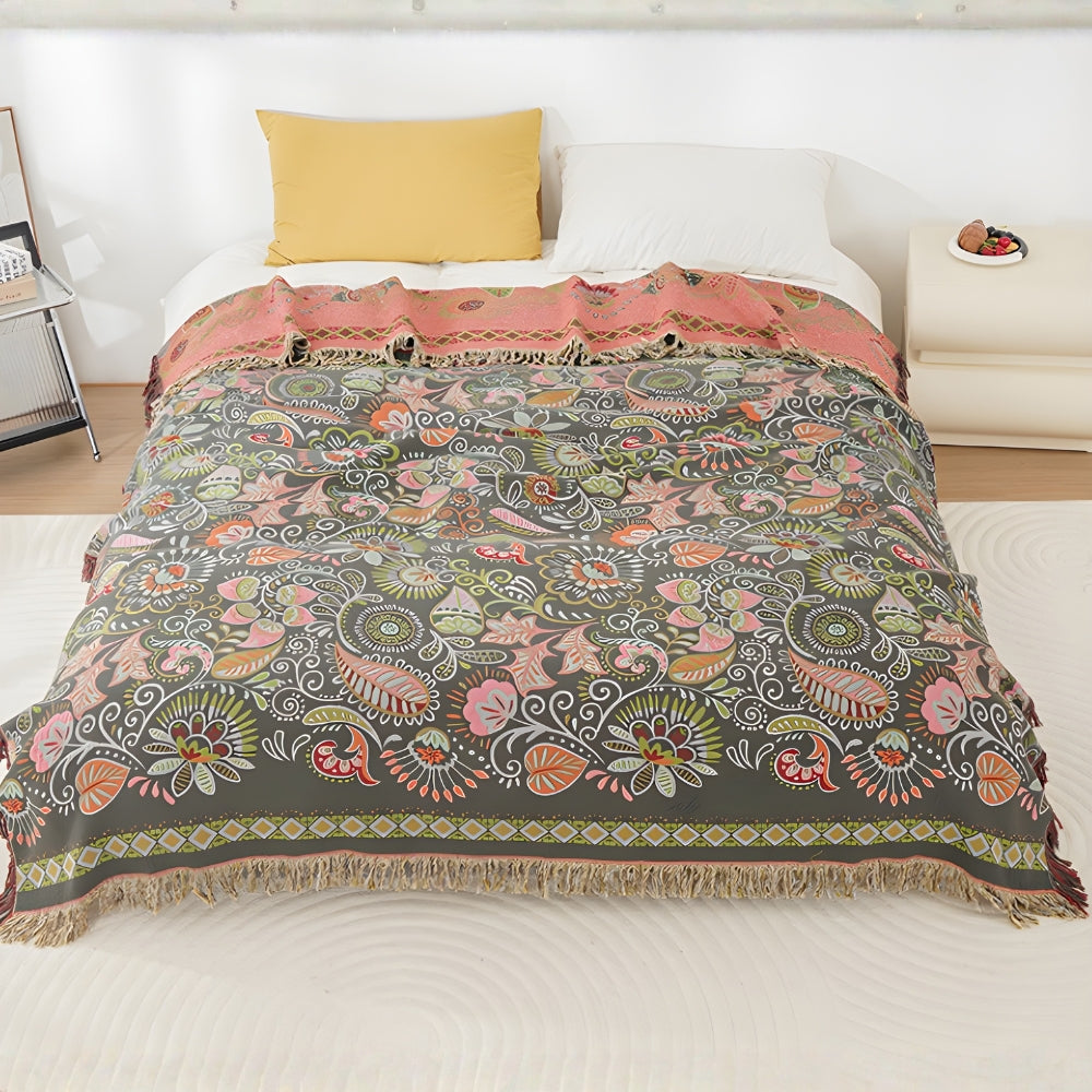 Reversible Cotton Gauze Throw with Tassels, Autumn Leaf Print