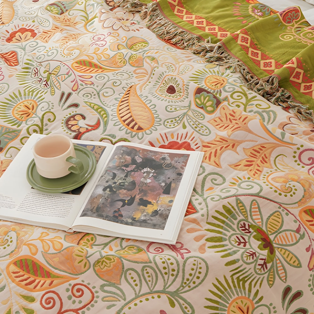 Reversible Cotton Gauze Throw with Tassels, Autumn Leaf Print