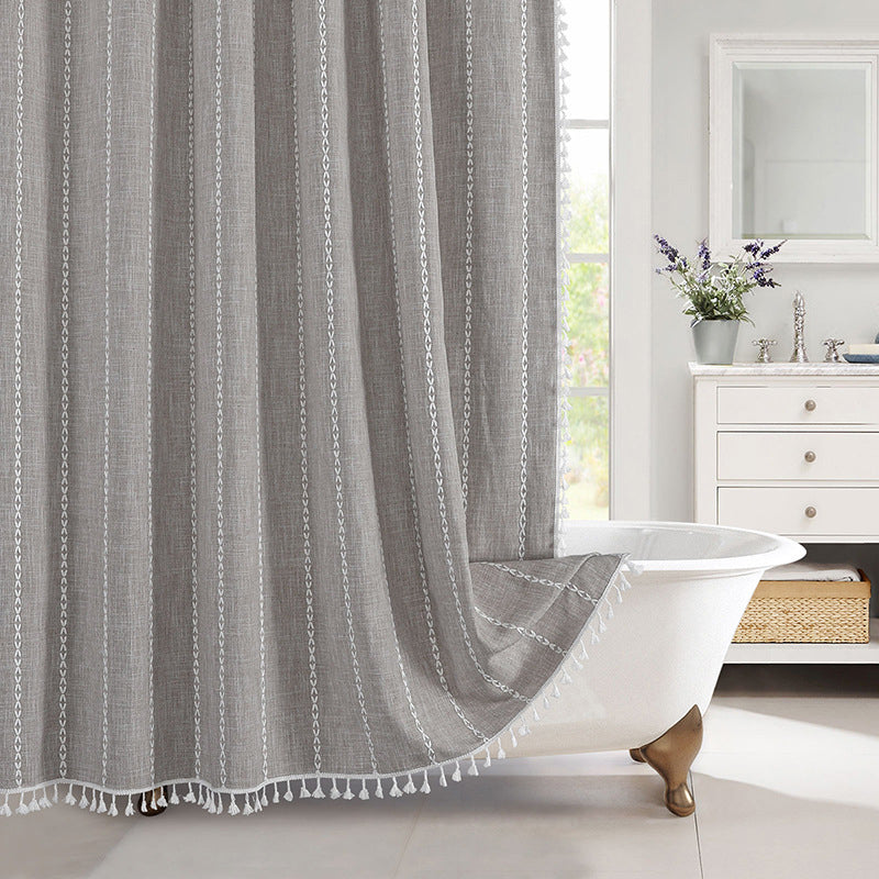 Boho Tasselled Shower Curtain, Waterproof Linen-Weave Jacquard
