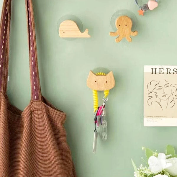 Wooden Animal Wall Hooks, Self-Adhesive or Screw Fixing