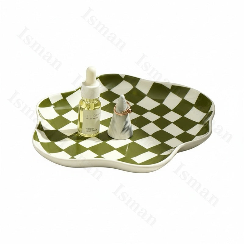 Chequerboard Ceramic Trinket Tray with Wavy Edge
