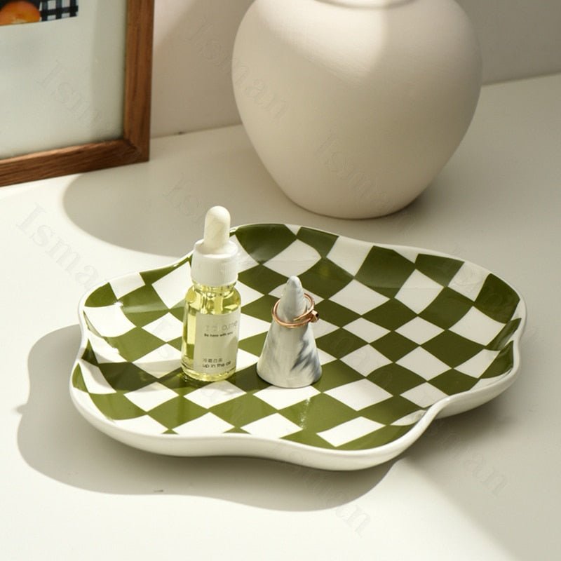 Chequerboard Ceramic Trinket Tray with Wavy Edge