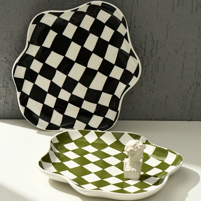 Chequerboard Ceramic Trinket Tray with Wavy Edge