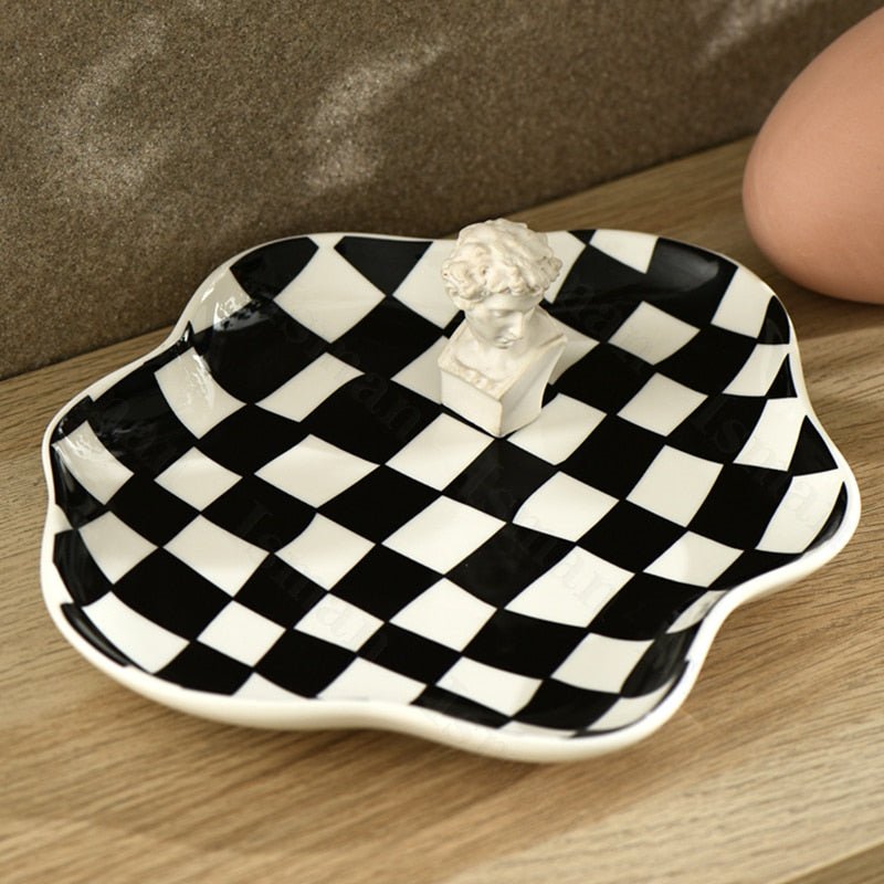 Chequerboard Ceramic Trinket Tray with Wavy Edge