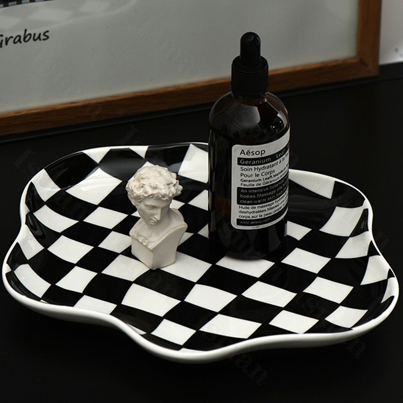 Chequerboard Ceramic Trinket Tray with Wavy Edge