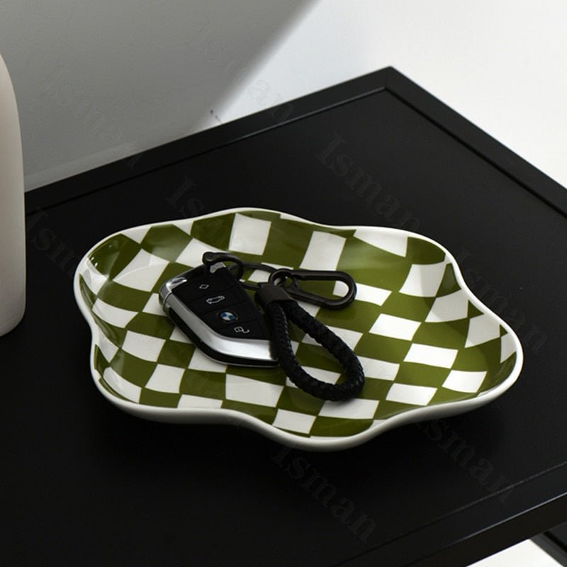 Chequerboard Ceramic Trinket Tray with Wavy Edge
