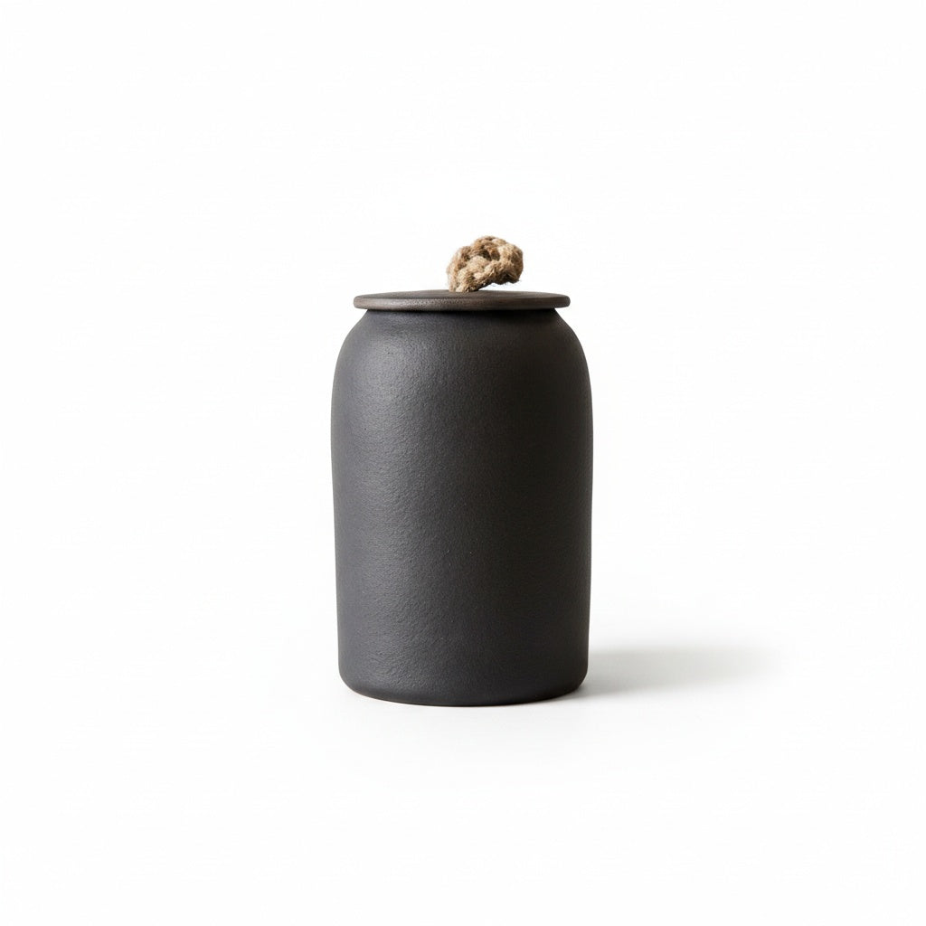 Textured Ceramic Storage Jar with Lid and Jute Handle