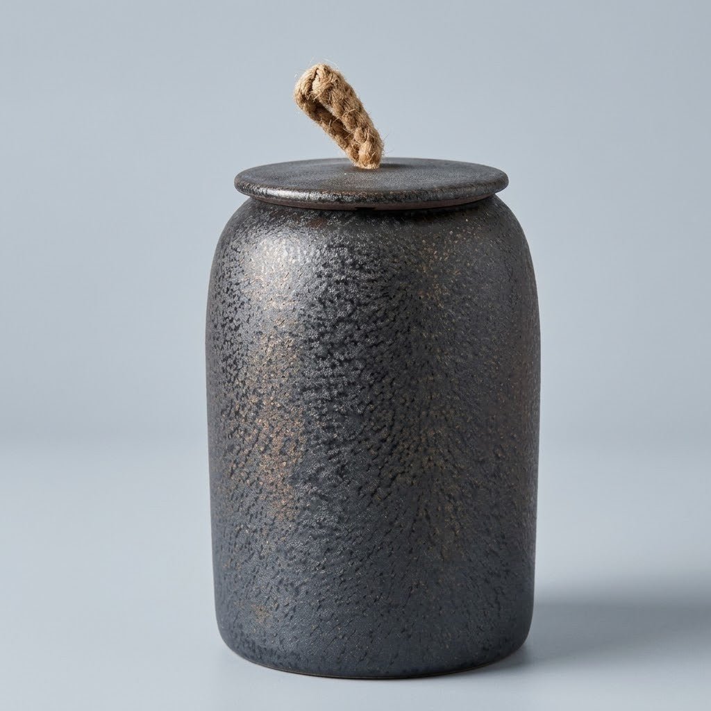 Textured Ceramic Storage Jar with Lid and Jute Handle