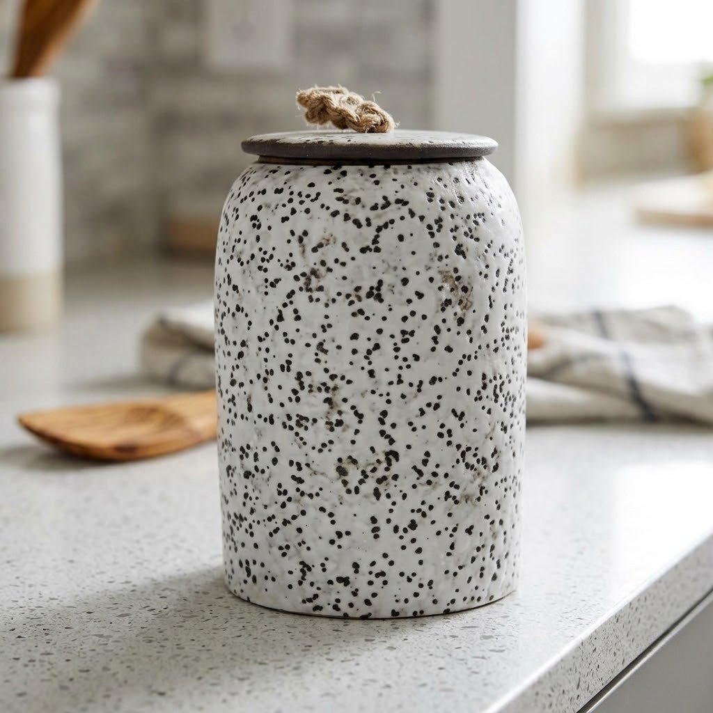 Textured Ceramic Storage Jar with Lid and Jute Handle