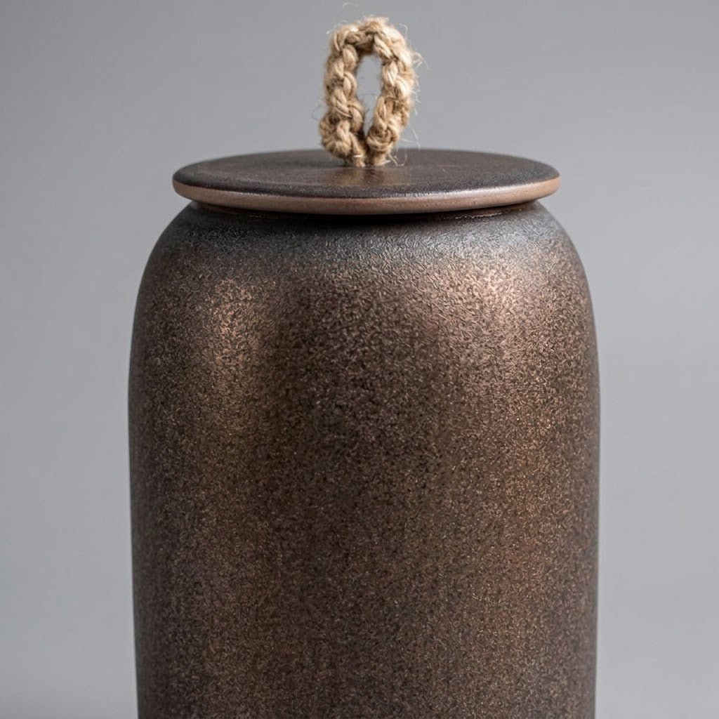 Textured Ceramic Storage Jar with Lid and Jute Handle