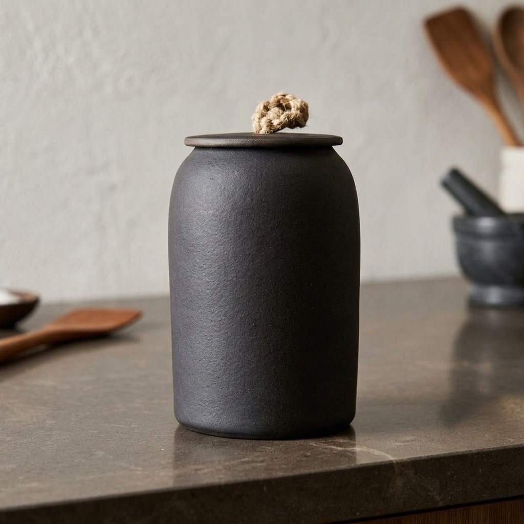Textured Ceramic Storage Jar with Lid and Jute Handle