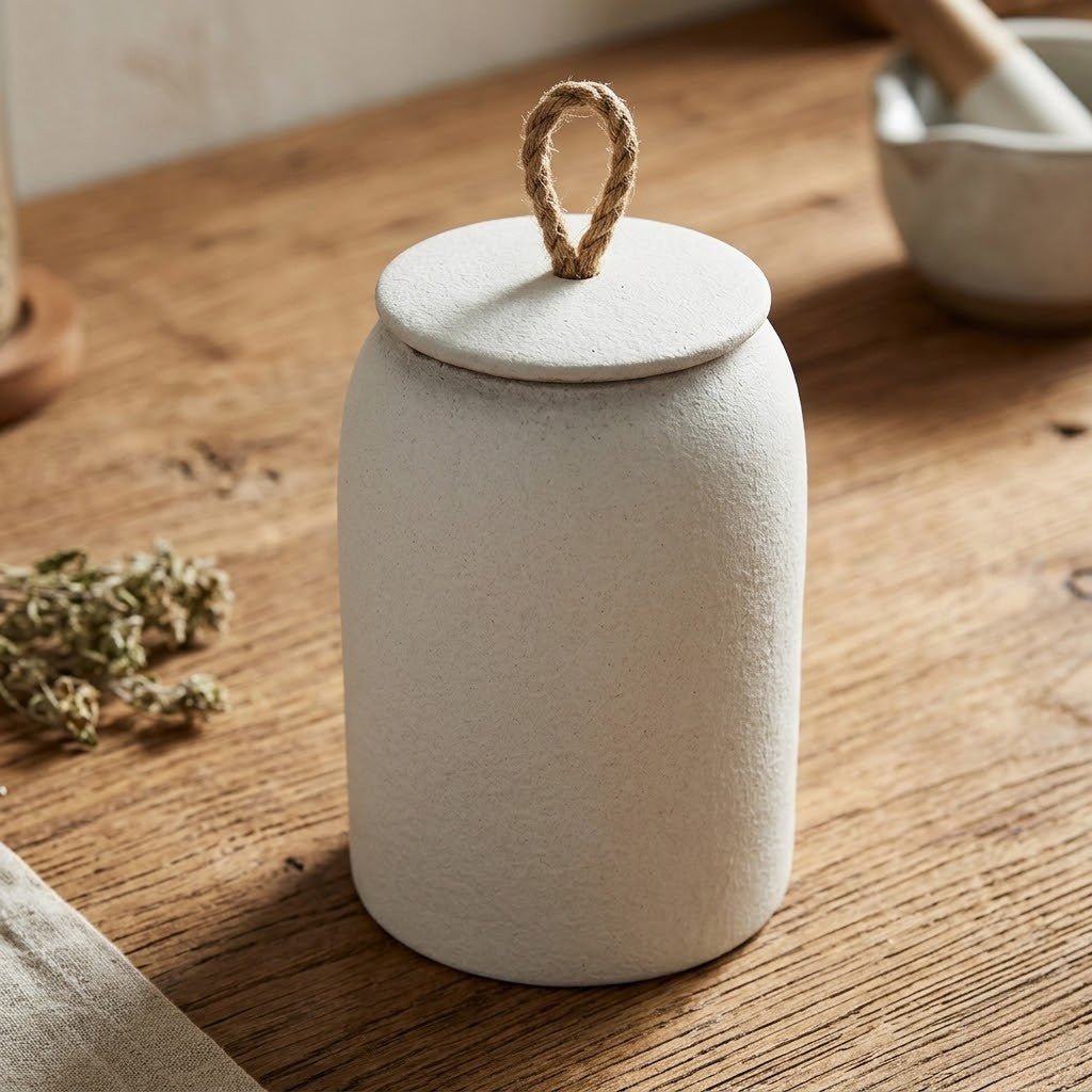 Textured Ceramic Storage Jar with Lid and Jute Handle