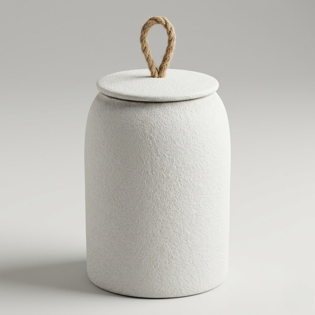 Textured Ceramic Storage Jar with Lid and Jute Handle