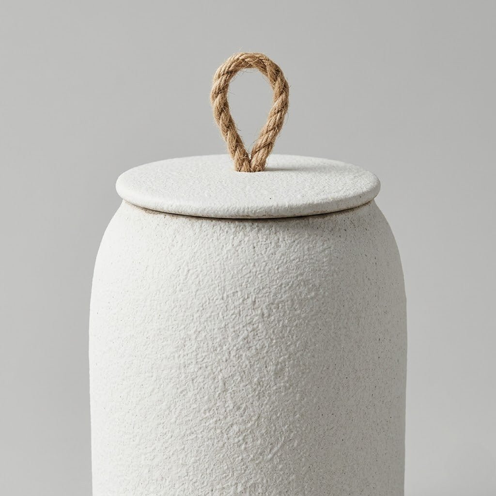 Textured Ceramic Storage Jar with Lid and Jute Handle