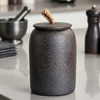 Textured Ceramic Storage Jar with Lid and Jute Handle