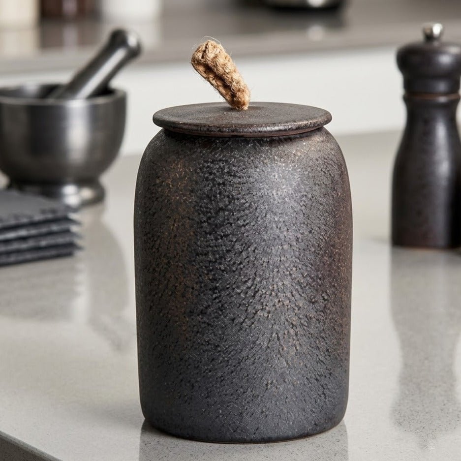 Textured Ceramic Storage Jar with Lid and Jute Handle