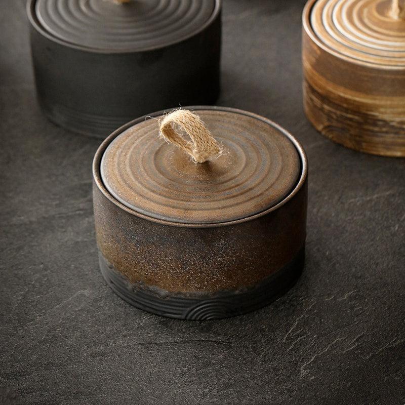 Wabi-Sabi Ceramic Storage Jar with Jute Handle Lid