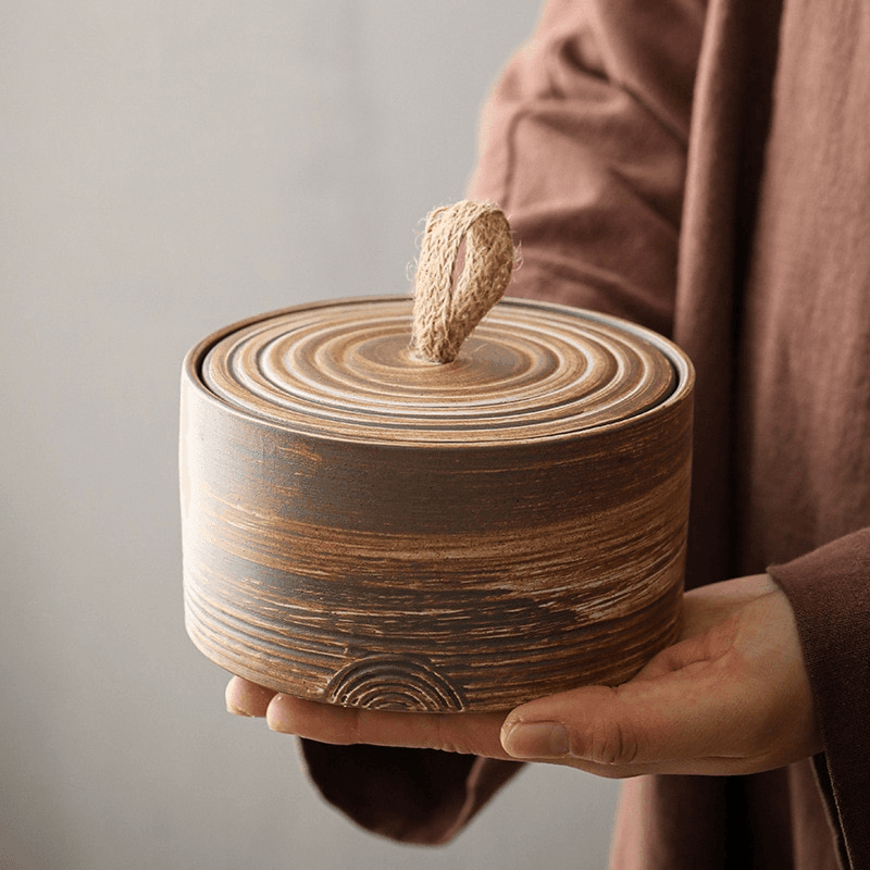 Wabi-Sabi Ceramic Storage Jar with Jute Handle Lid