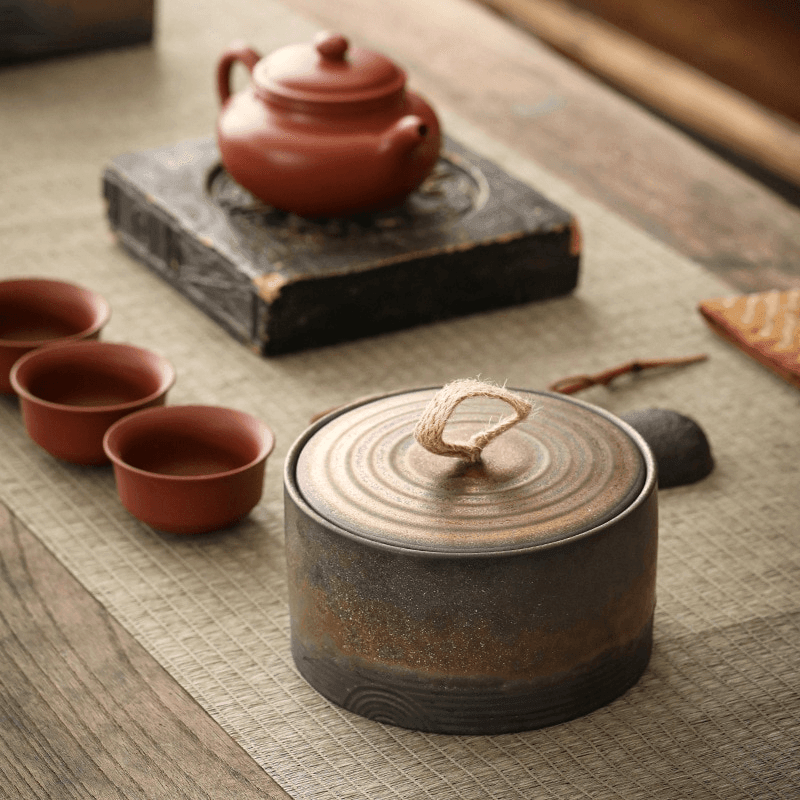 Wabi-Sabi Ceramic Storage Jar with Jute Handle Lid