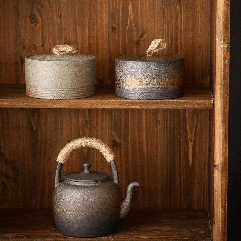 Wabi-Sabi Ceramic Storage Jar with Jute Handle Lid