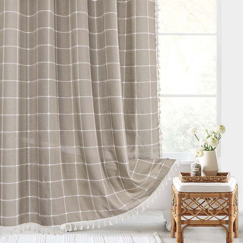 Boho Tasselled Shower Curtain, Waterproof Linen-Weave Jacquard
