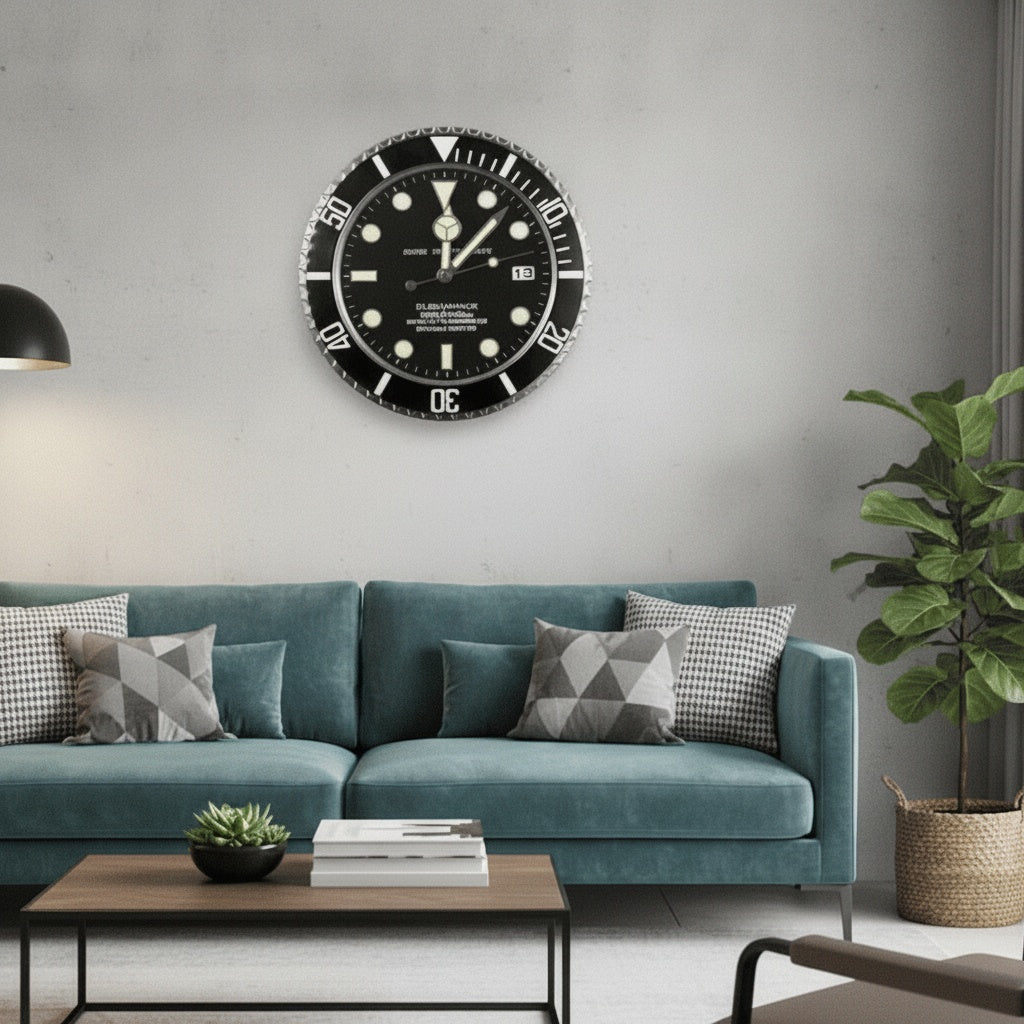 Silent Wall Clock with Steel Frame and Glowing Hands