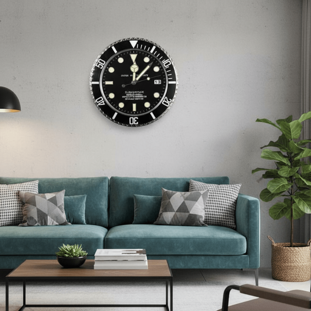 Silent Wall Clock with Steel Frame and Glowing Hands