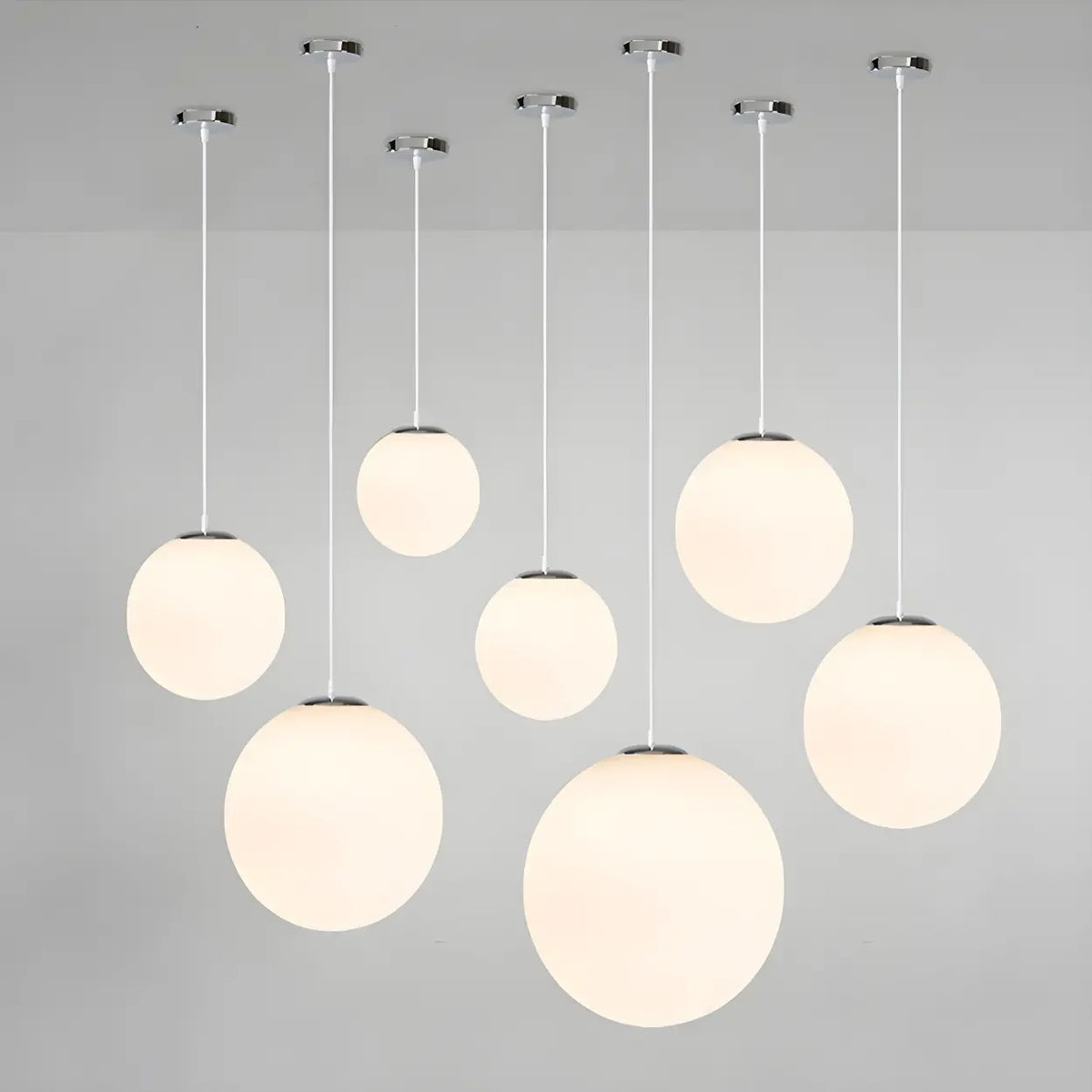 White Glass Globe Pendant Light, Seven Sizes from 15 to 50 cm