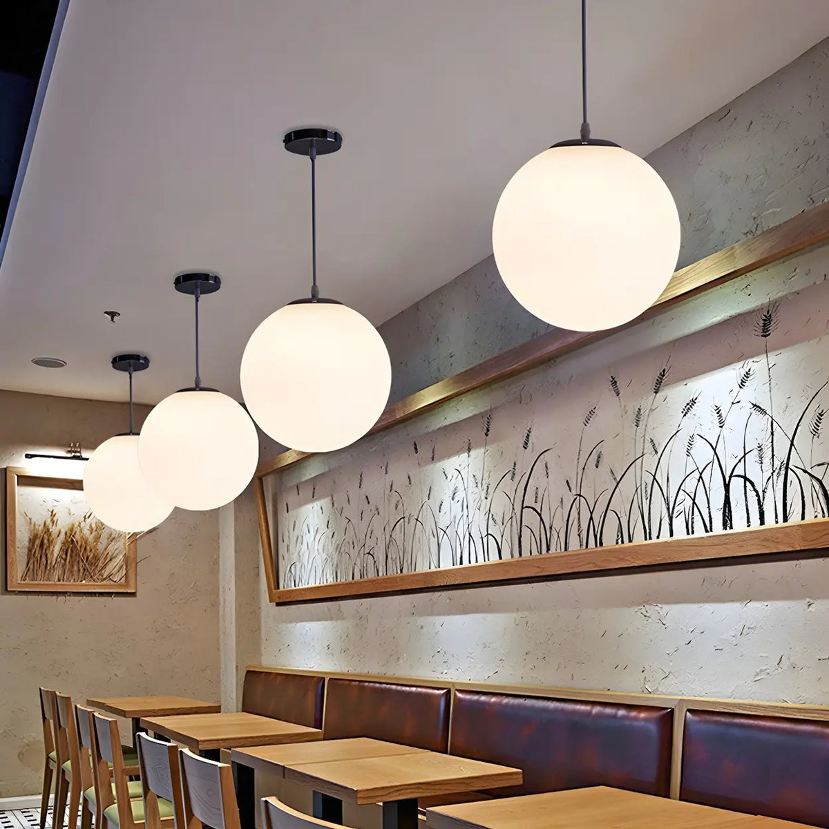 White Glass Globe Pendant Light, Seven Sizes from 15 to 50 cm