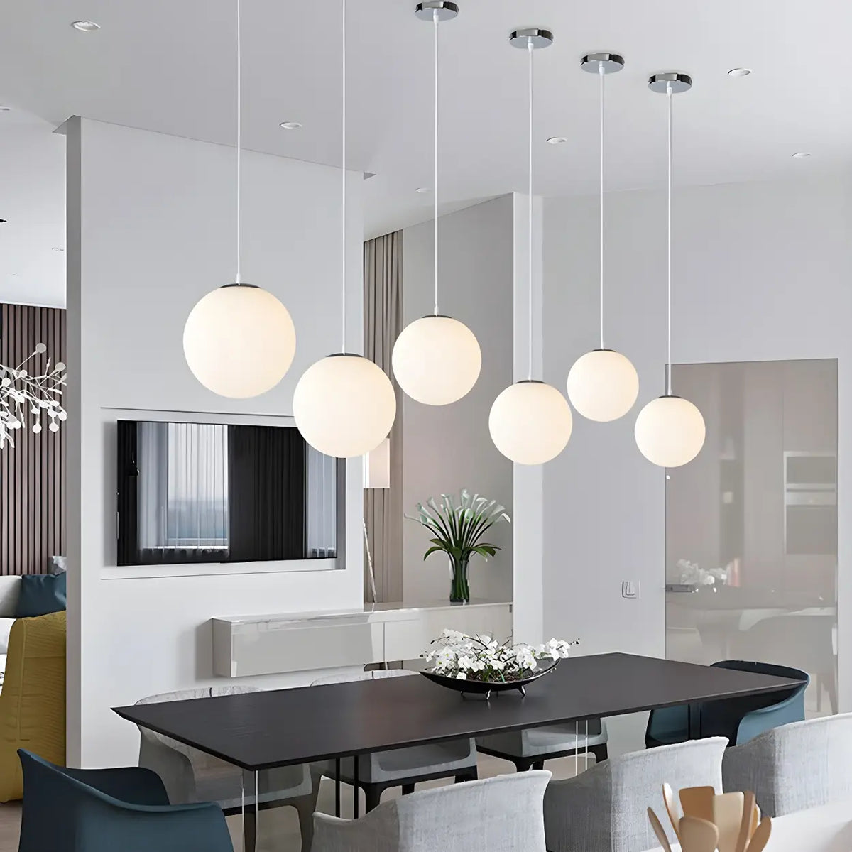 White Glass Globe Pendant Light, Seven Sizes from 15 to 50 cm