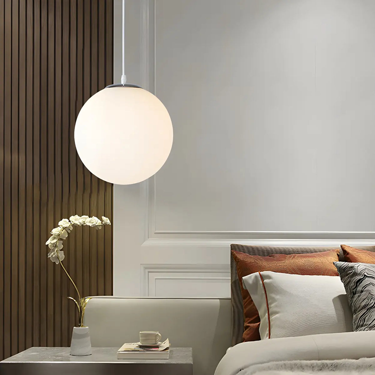 White Glass Globe Pendant Light, Seven Sizes from 15 to 50 cm