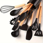 12-Piece Silicone Cooking Utensil Set, Wooden Handles, 230C