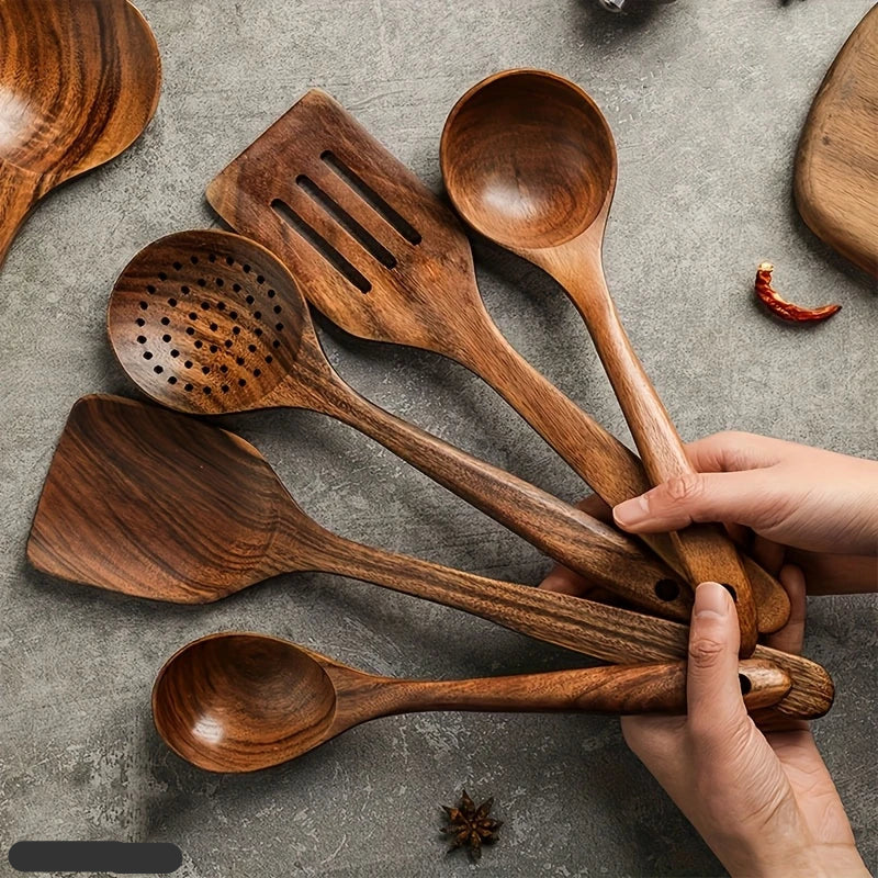 Solid Teak Kitchen Utensil Set, 5, 7 or 10 Pieces