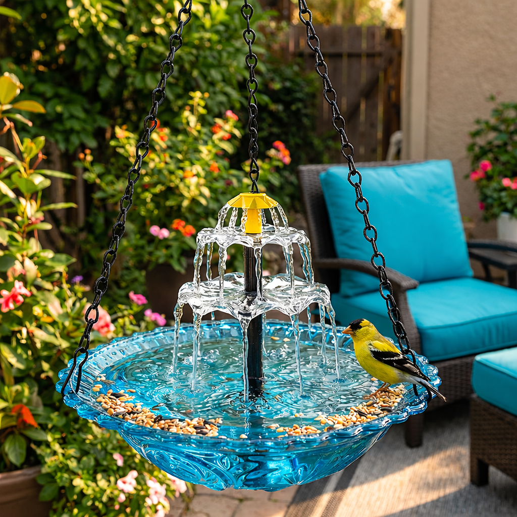 Solar Hanging Bird Bath Fountain, Two-Tier Glass and Metal