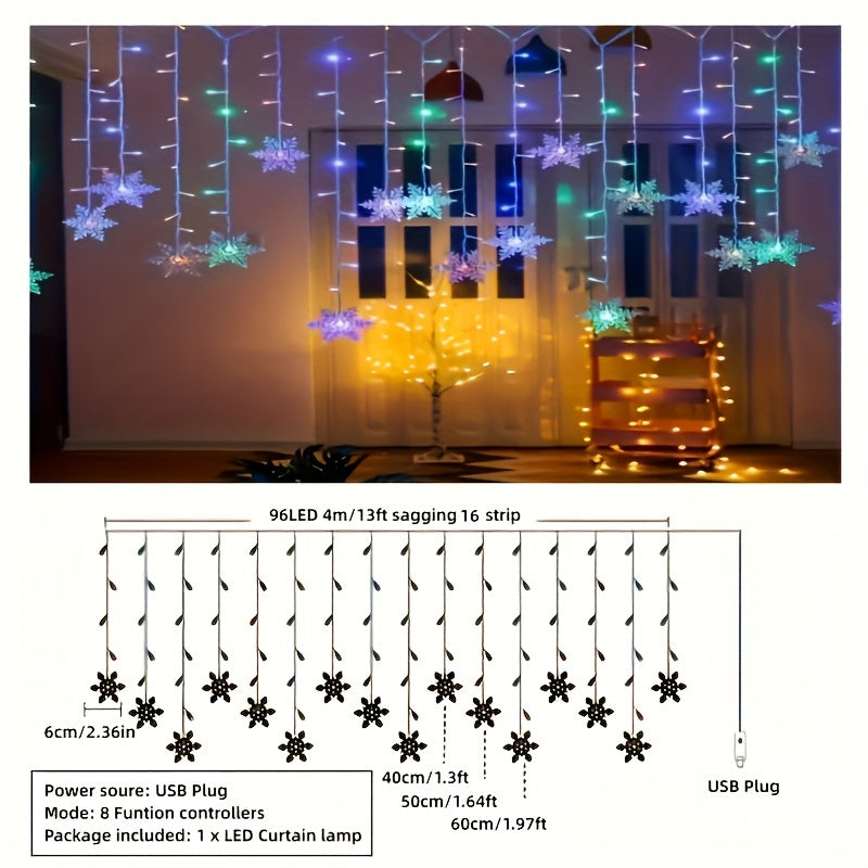 USB Snowflake String Lights 4m, Warm White or Multicolour